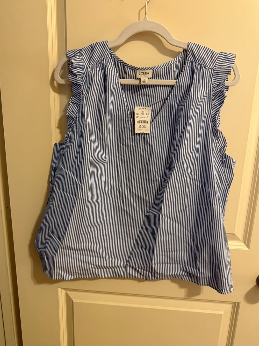 J. Crew Blue and White Striped Ruffle-Sleeve Camisole